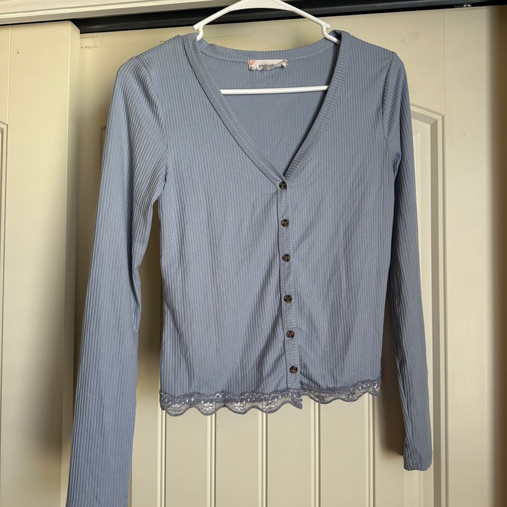 Pink Rose Blue Button-Down Shirt with Lace Trim